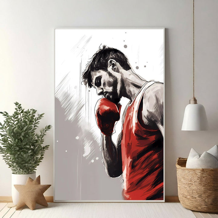 Wadi Home boxing artwork of a focused male boxer in a red tank top and boxing gloves, set against a grey and white abstract background.