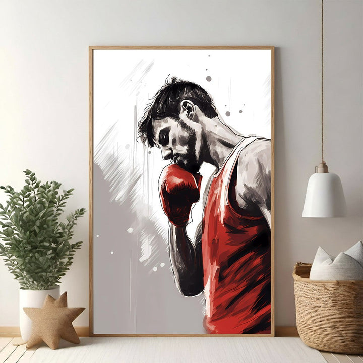 Wadi Home boxing artwork: a focused male boxer in a red tank top and boxing gloves, dynamic brushstrokes, motivational art.