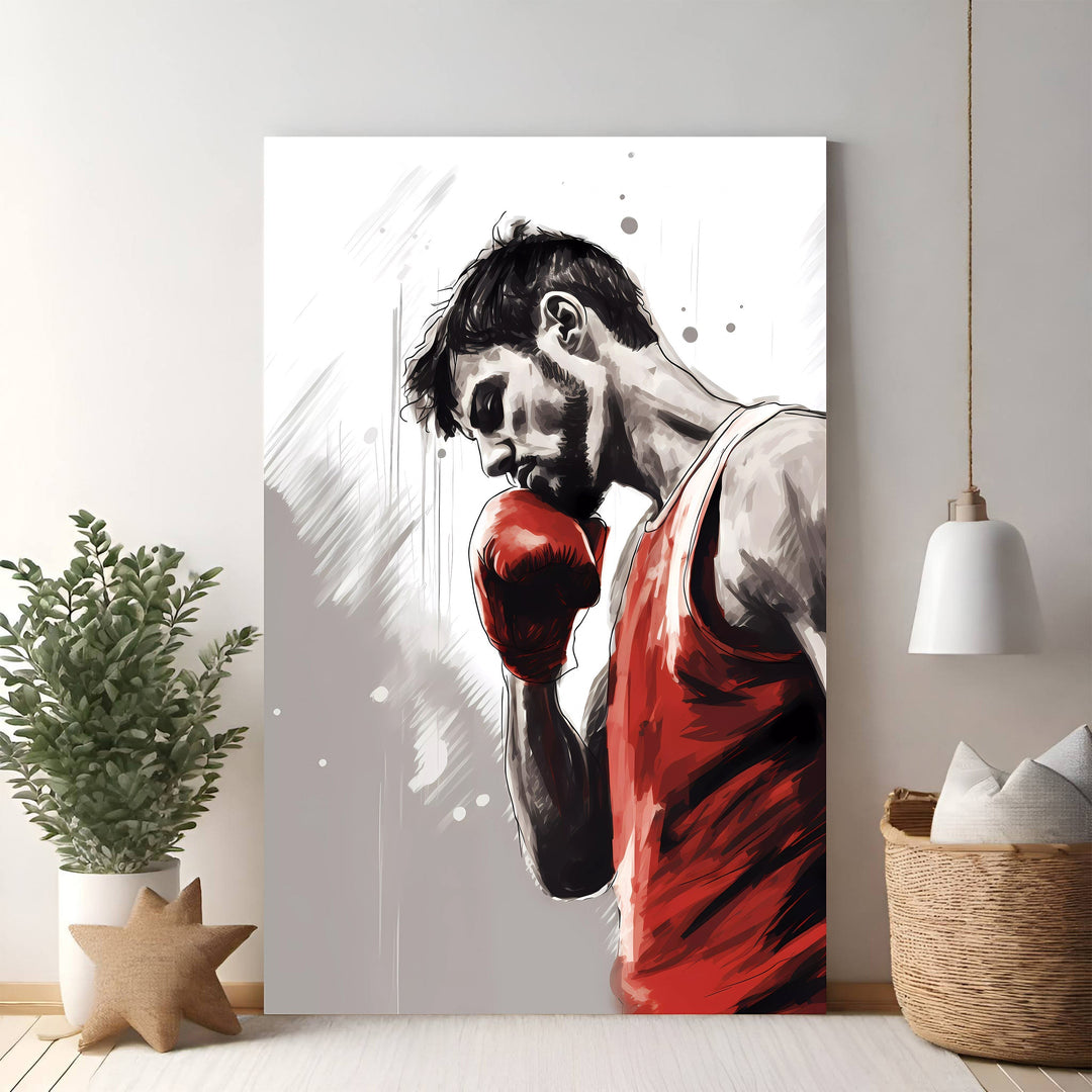 Wadi Home boxing artwork of a focused boxer in red gloves and tank top, dynamic brush strokes, motivational art.