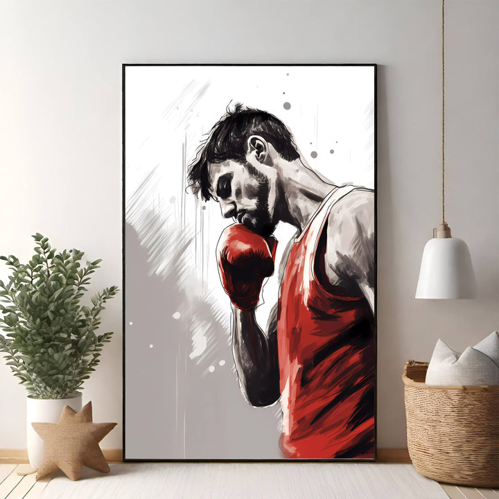 Wadi Home boxing artwork of a focused boxer in a red tank top and red gloves, with a dynamic grey and white background.