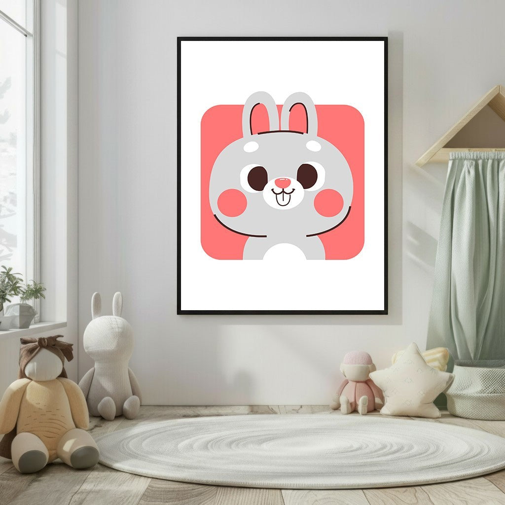 Wadi Home cute grey bunny face nursery art print with coral accents, perfect for a child's room.