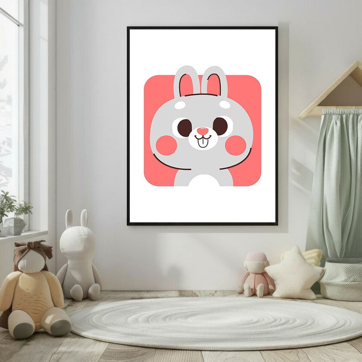 Wadi Home cute grey bunny face nursery art print with coral accents, perfect for a child's room.