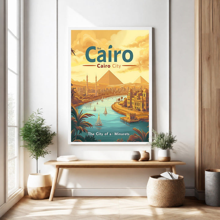 Wadi Home vintage travel poster of Cairo City, Egypt, featuring the Pyramids and Nile River with sailboats, in warm yellow and blue tones.