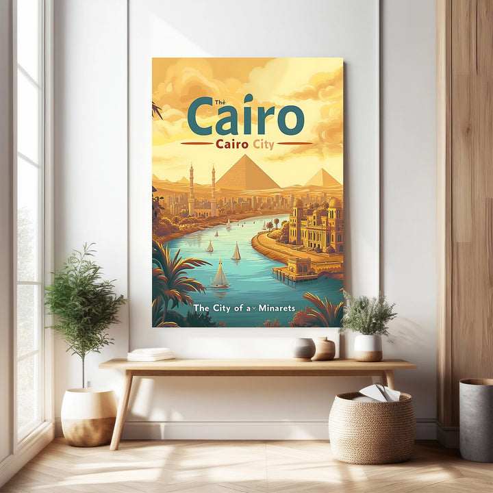Wadi Home vintage travel poster of Cairo City featuring the Pyramids and Nile River with sailboats. Warm, golden sky.