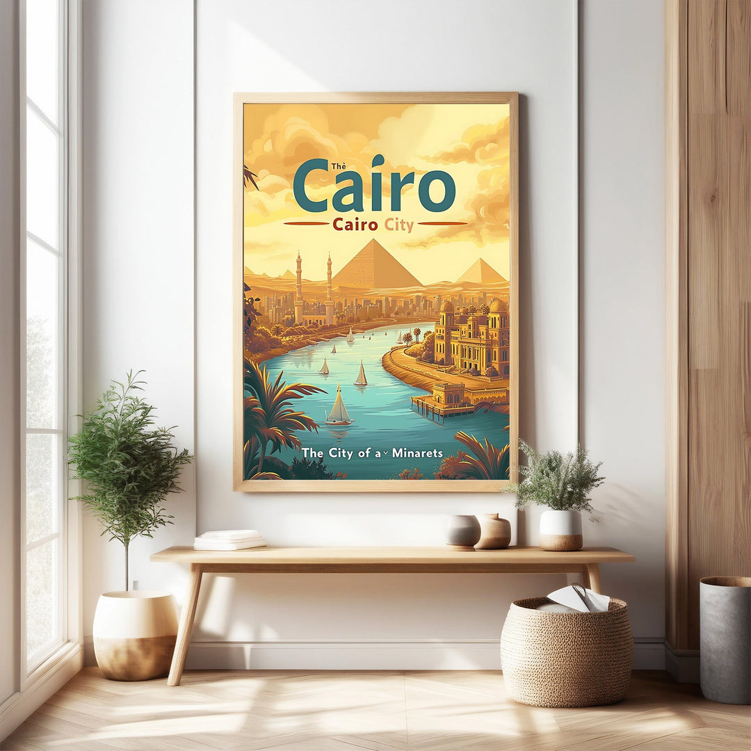 Wadi Home vintage travel poster of Cairo City, Egypt, featuring the Pyramids and Nile River with sailboats. Warm yellow and blue tones.