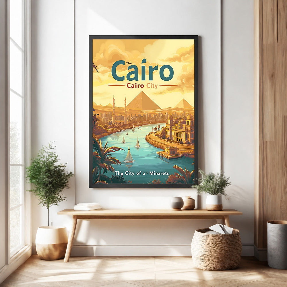Wadi Home vintage travel poster of Cairo City featuring the Pyramids and Nile River with sailboats. Warm, golden hues and palm trees.