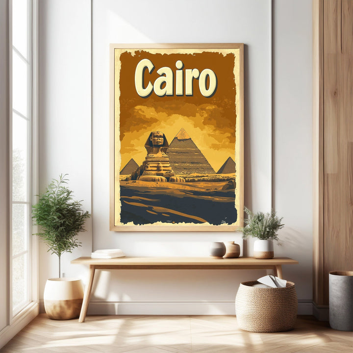 Wadi Home Cairo Pyramids and Sphinx vintage travel poster in sepia tones, evoking nostalgia and adventure.