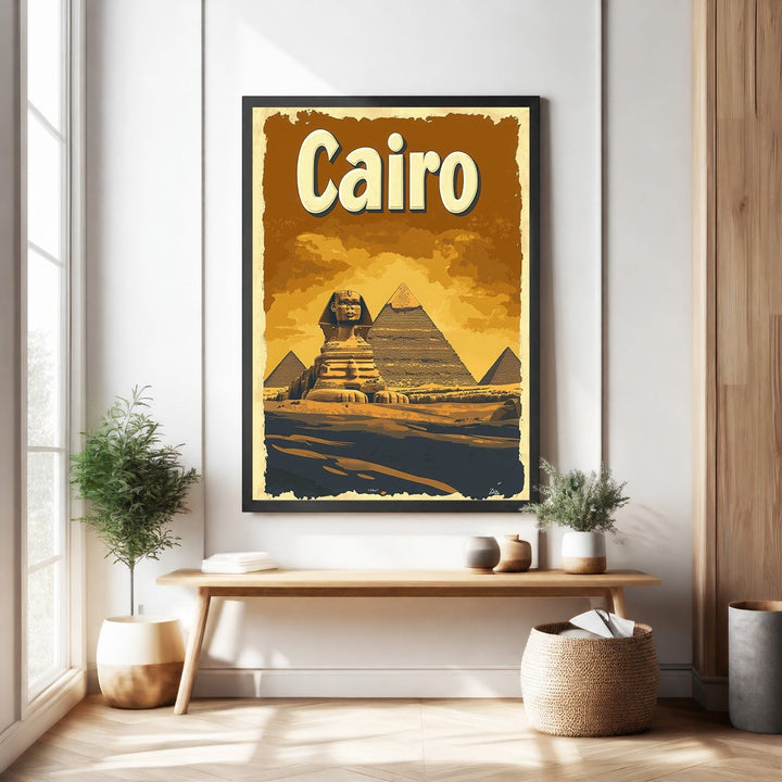 Wadi Home Cairo Pyramids and Sphinx vintage travel poster in sepia tones, evoking nostalgia and adventure.