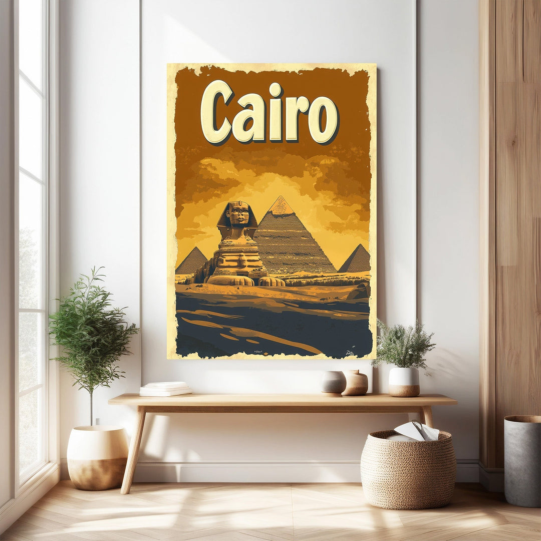 Wadi Home Cairo Pyramids and Sphinx vintage travel poster in sepia tones. Iconic Egyptian landmarks depicted in a retro art style.