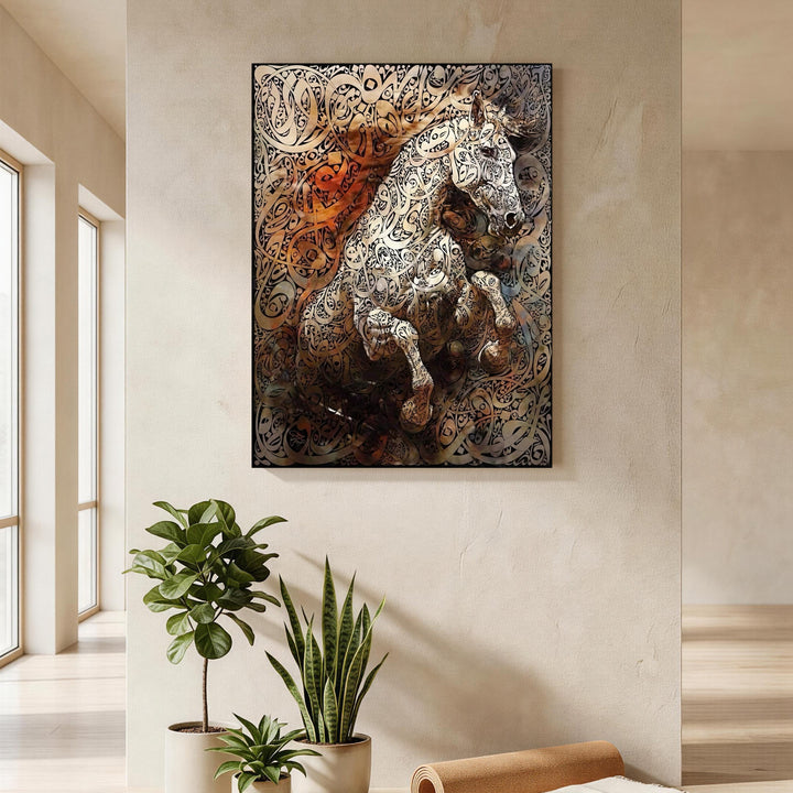Wadi Home Calligraphy Horse Wall Art, intricate Arabic calligraphy forming a majestic horse, black and gold tones, modern home decor.