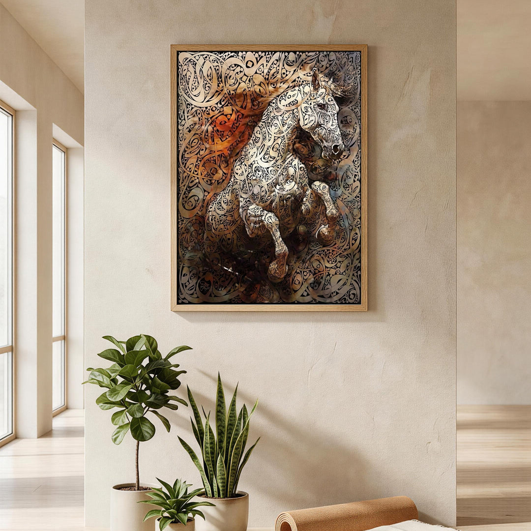 Wadi Home Calligraphy Horse Wall Art, intricate Arabic calligraphy forming a majestic horse, framed artwork for home decor.