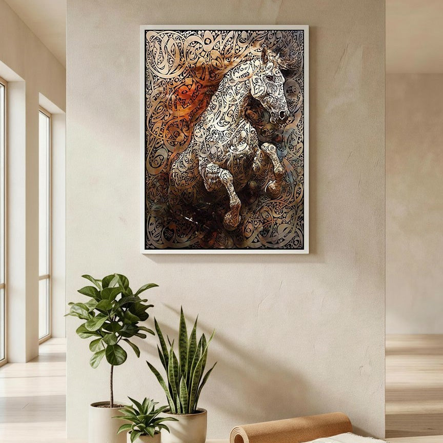 Wadi Home Calligraphy Horse Wall Art, intricate Arabic calligraphy forming a dynamic horse, gold and black tones, framed art.