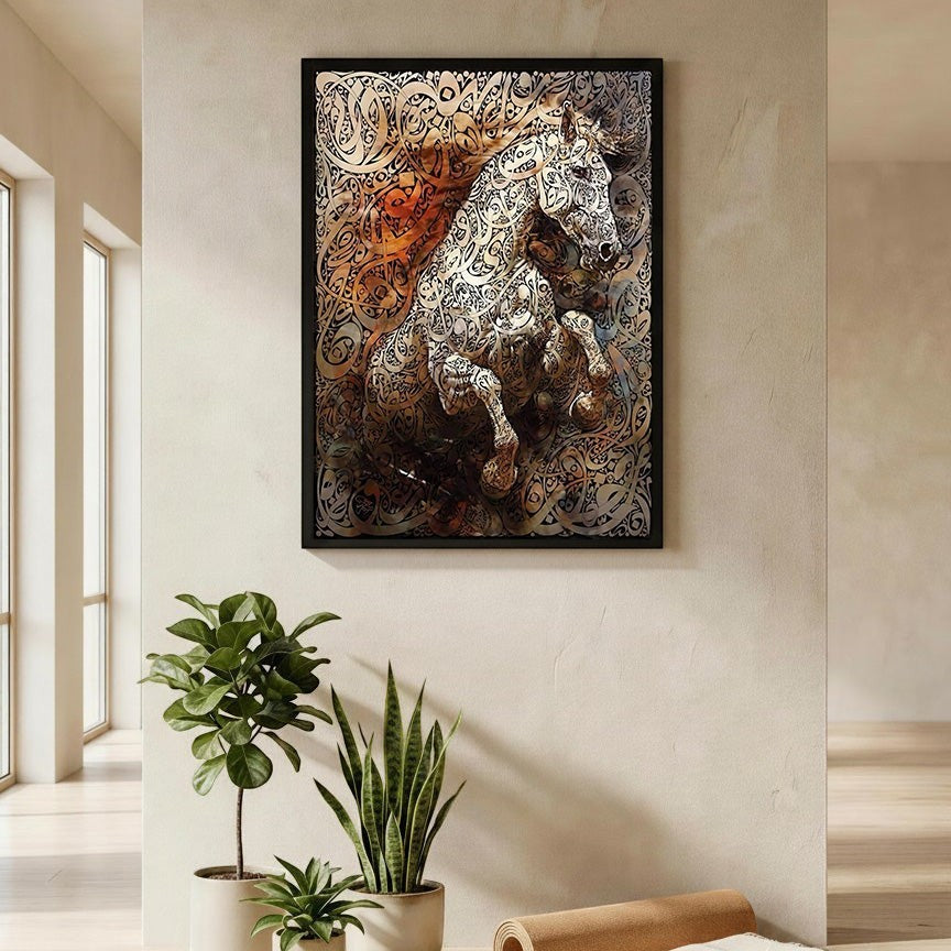 Wadi Home Calligraphy Horse Wall Art featuring a majestic horse formed from Arabic calligraphy in black and gold tones.