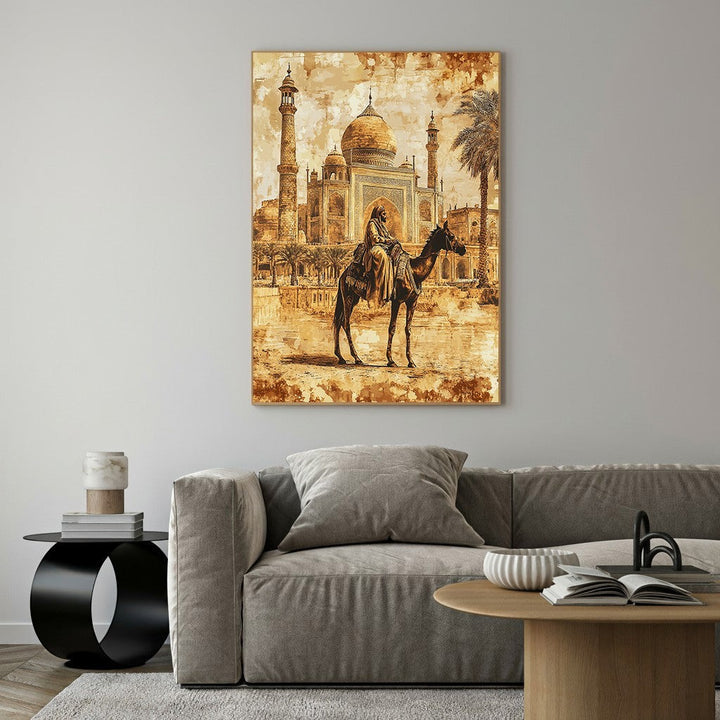 Wadi Home sepia-toned canvas print of a camel rider silhouetted against the Taj Mahal, evoking exotic adventure and timelessness.