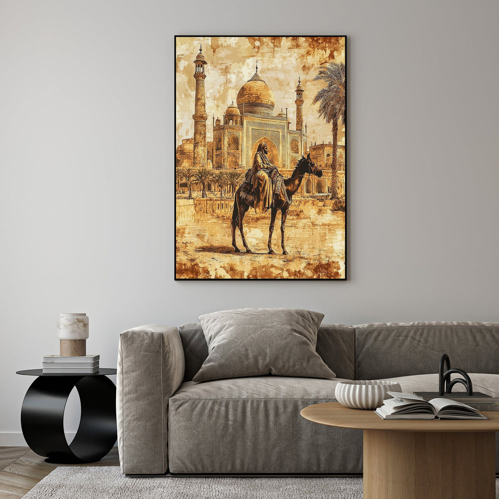 Wadi Home sepia-toned canvas print of a camel rider silhouetted against the Taj Mahal, evoking exotic adventure and timelessness.
