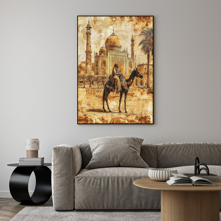 Wadi Home sepia-toned canvas print of a camel rider silhouetted against the Taj Mahal, evoking exotic adventure and timelessness.