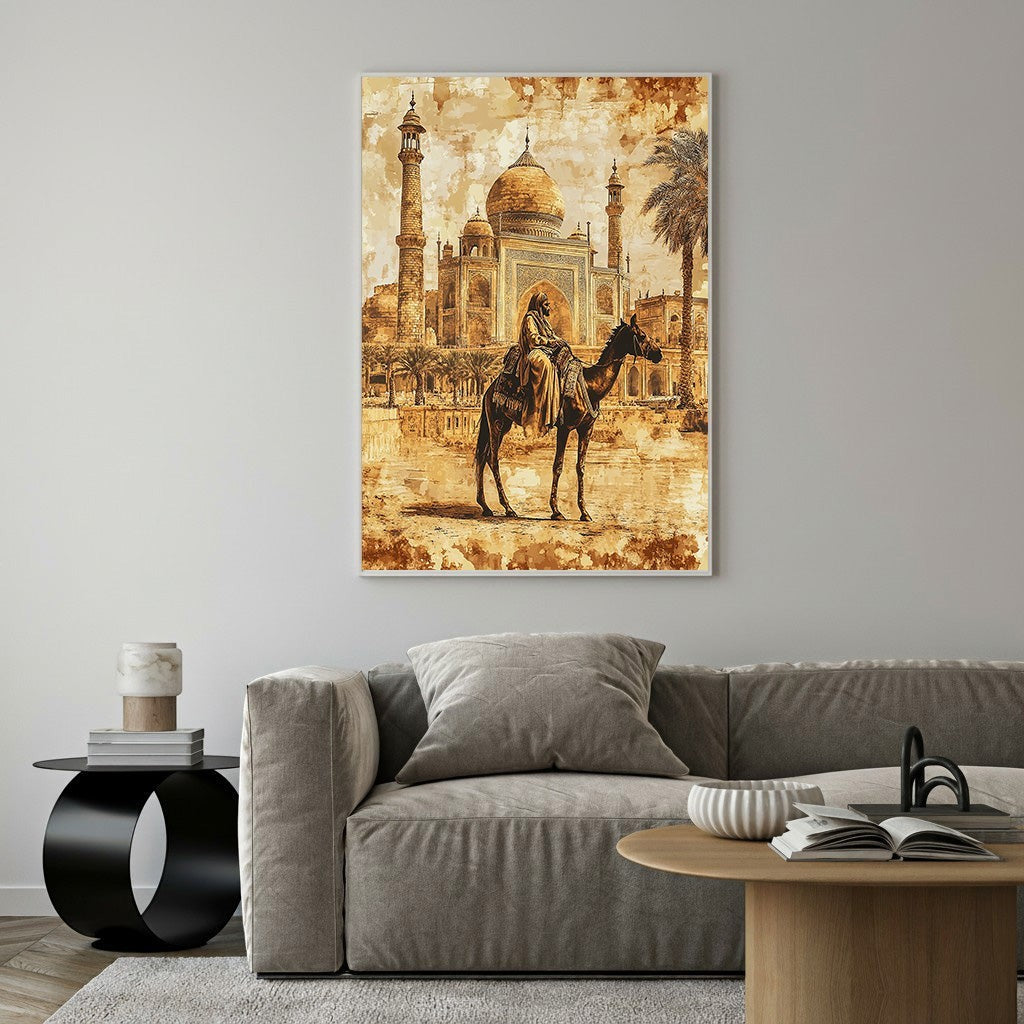 Wadi Home sepia-toned canvas print of a camel rider silhouetted against the Taj Mahal, evoking exotic adventure and timelessness.