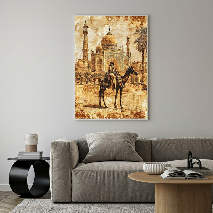 Wadi Home sepia-toned canvas print of a camel rider silhouetted against the Taj Mahal, evoking exotic adventure and timelessness.