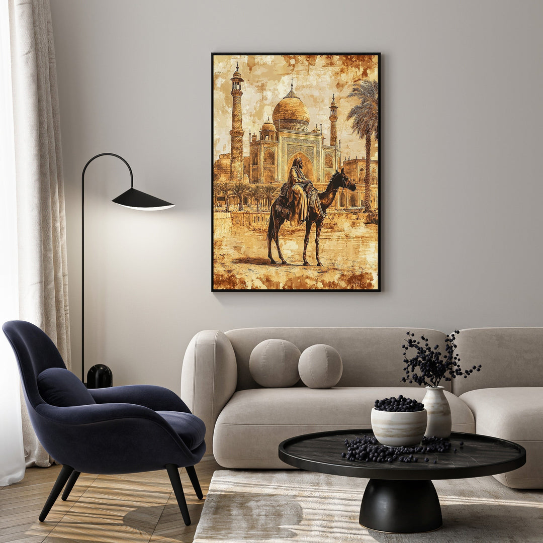 Wadi Home artwork of a camel rider silhouetted against the Taj Mahal in warm, earthy tones with a painterly texture.
