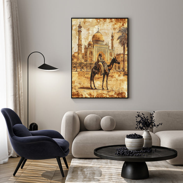 Wadi Home artwork of a camel rider silhouetted against the Taj Mahal in warm, earthy tones with a painterly texture.