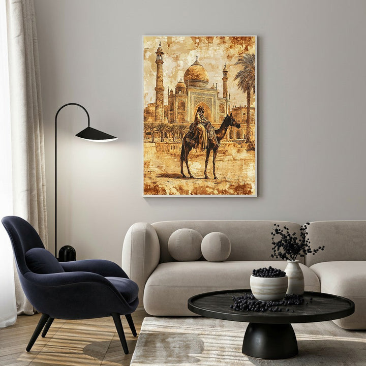 Wadi Home artwork of a camel rider silhouetted against the Taj Mahal in warm, earthy tones with a painterly texture.
