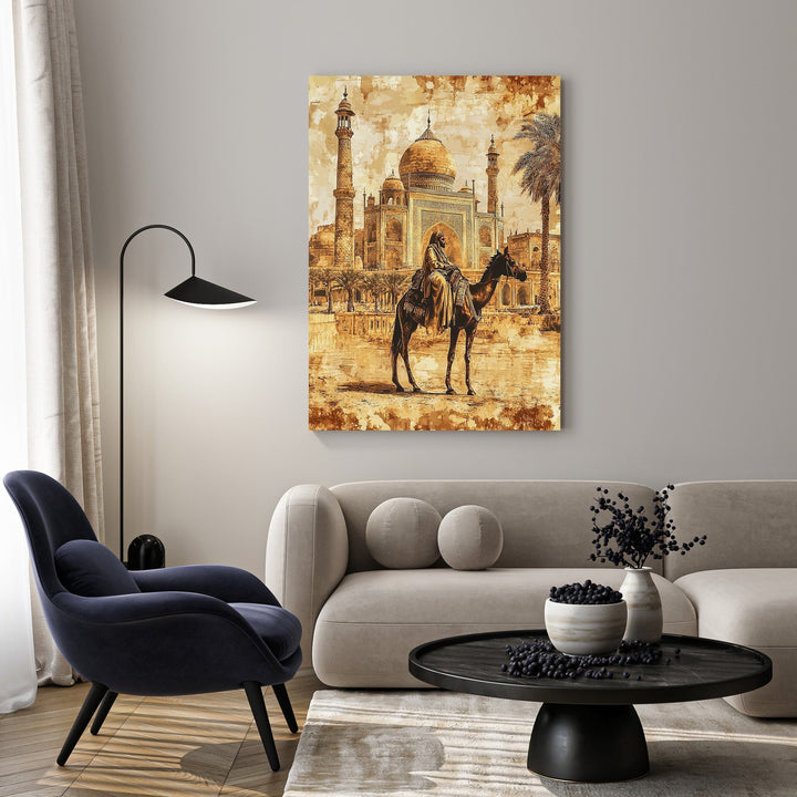 Wadi Home artwork of a camel rider silhouetted against the Taj Mahal in warm, earthy tones with a painterly texture.