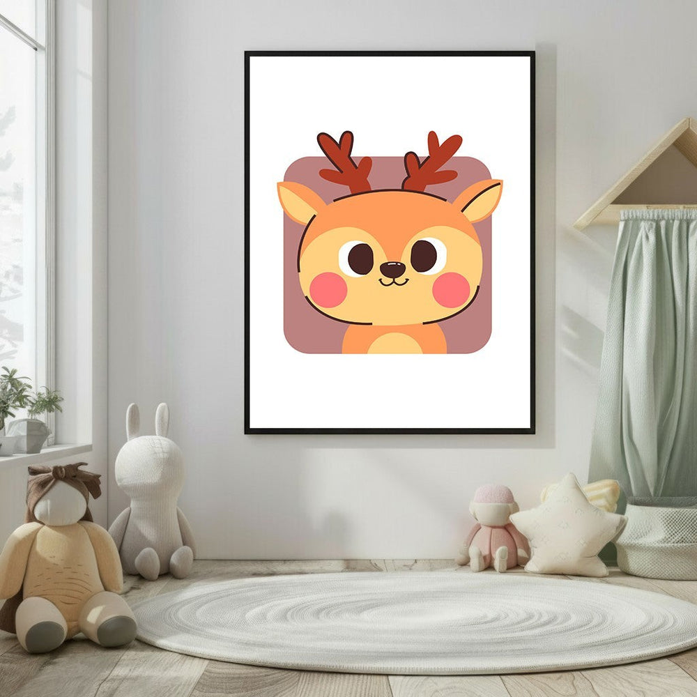 Wadi Home cartoon deer portrait wall art for kids room, featuring a smiling orange deer with rosy cheeks and brown antlers.