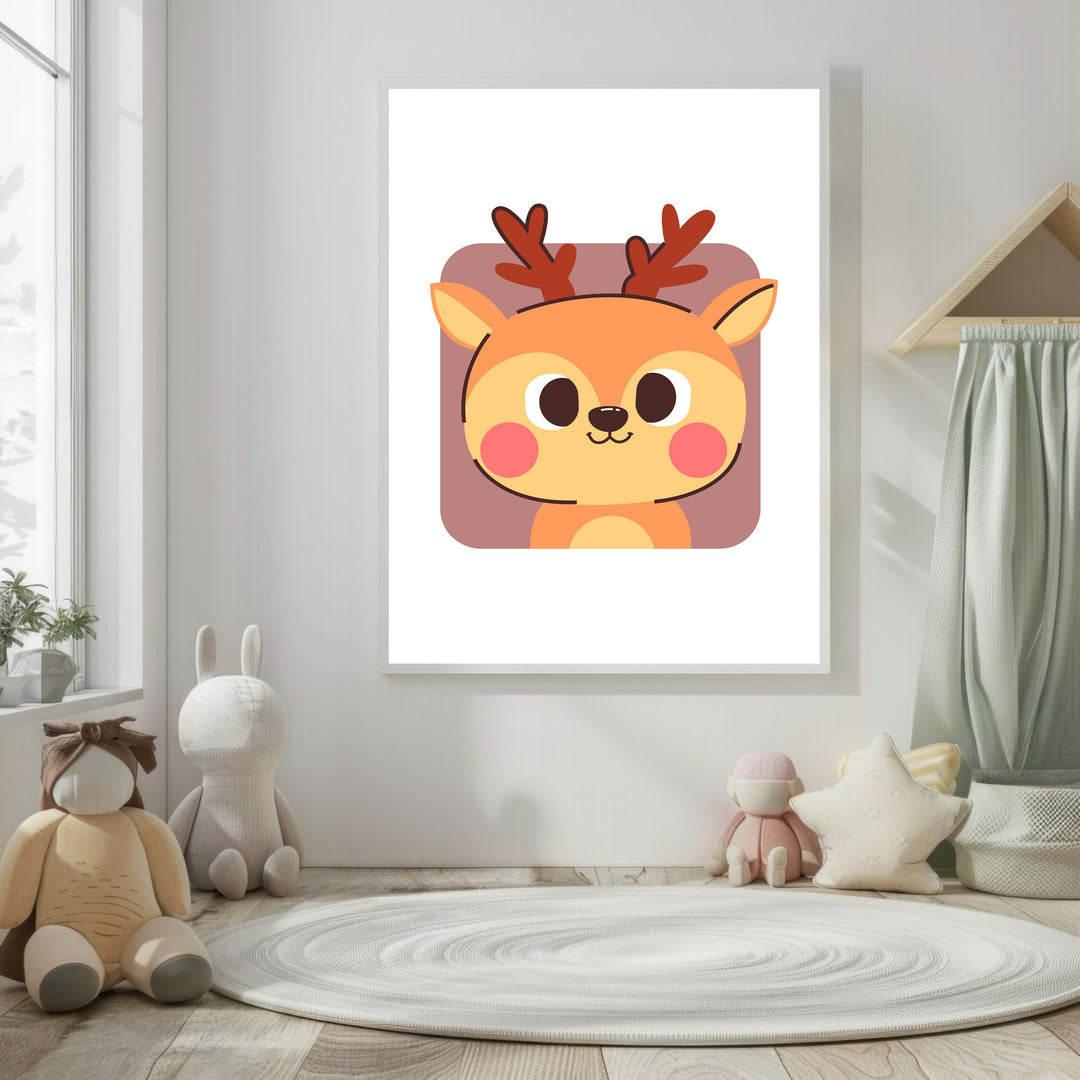 Wadi Home cartoon deer portrait wall art for nursery. Features a smiling orange deer with rosy cheeks and brown antlers on a muted purple background.