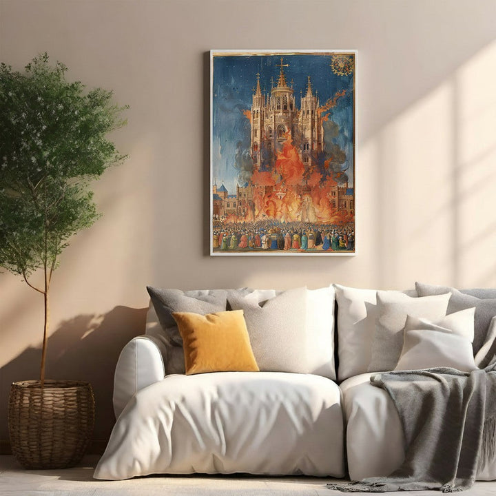 Wadi Home Grand Cathedral Fire Scene Wall Art, dramatic historical artwork depicting a cathedral engulfed in flames with a crowd below, rich colors, dynamic composition.