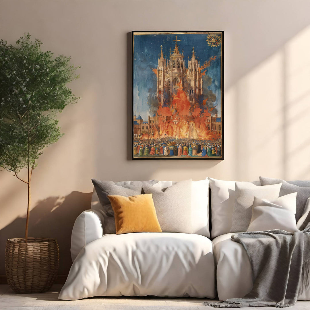 Wadi Home Grand Cathedral Fire Scene Wall Art, a dramatic historical painting of a cathedral engulfed in flames with a crowd watching.