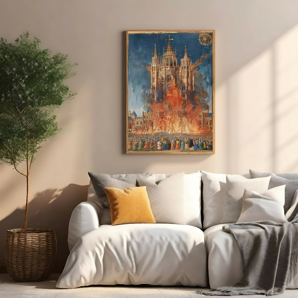 Wadi Home Grand Cathedral Fire Scene Wall Art, a dramatic historical painting of a cathedral engulfed in flames with a crowd watching.