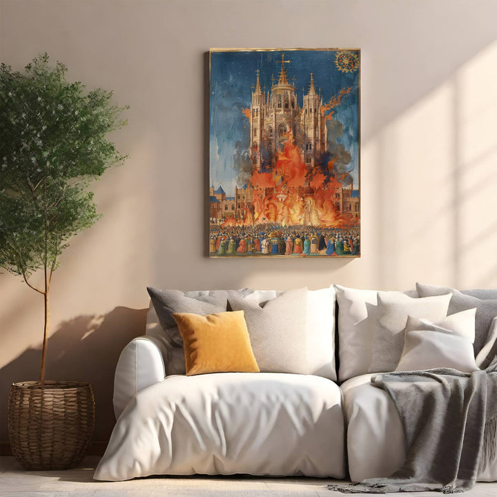 Wadi Home Grand Cathedral Fire Scene Wall Art, a dramatic historical painting of a cathedral engulfed in flames with a crowd watching.