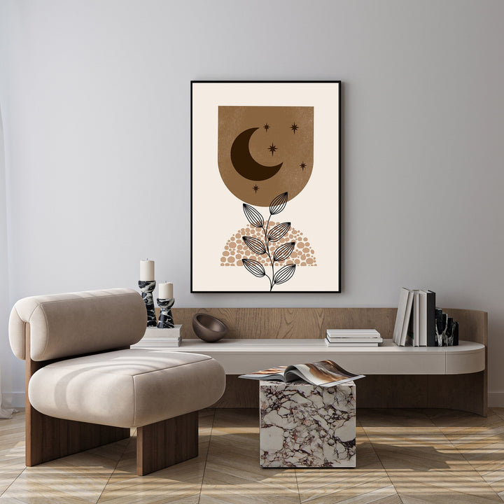 Wadi Home abstract celestial botanical wall art with crescent moon, stars, and plant in brown and cream.