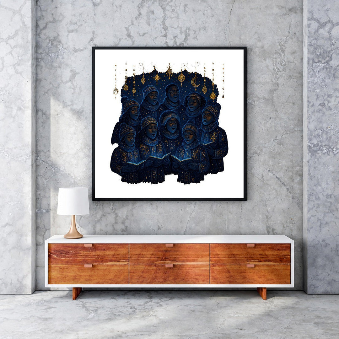 Wadi Home Celestial Choir wall art featuring a group of figures in deep blue with gold accents singing from books, set against a starry night sky.