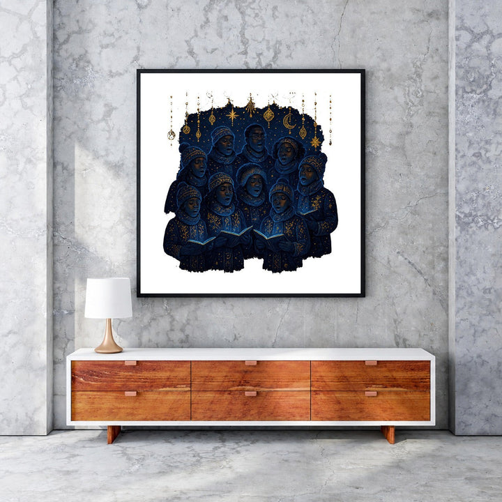 Wadi Home Celestial Choir wall art featuring a group of figures in deep blue with gold accents singing from books, set against a starry night sky.