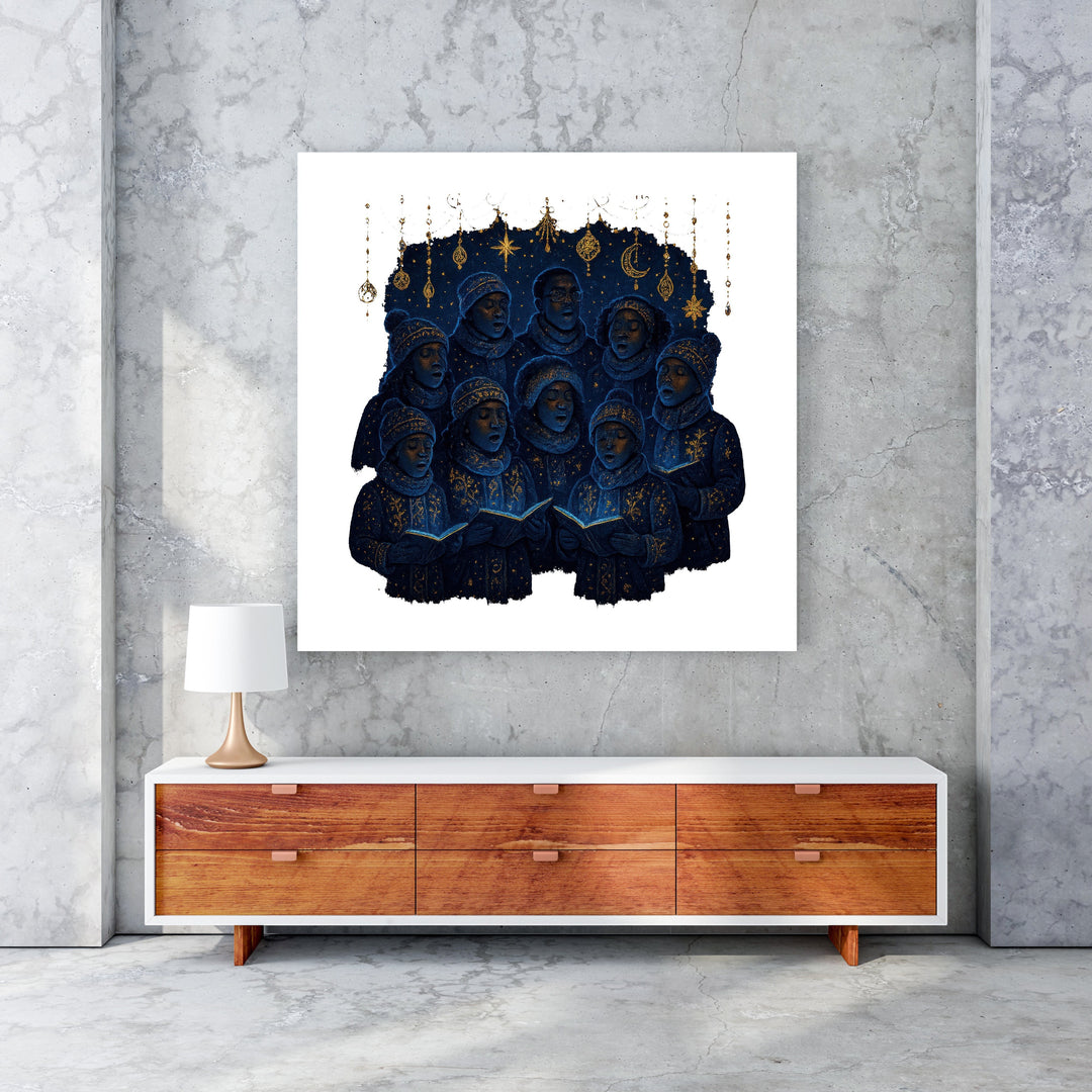 Wadi Home Celestial Choir wall art featuring a group of figures in deep blue with gold accents singing from open books under a starry sky.