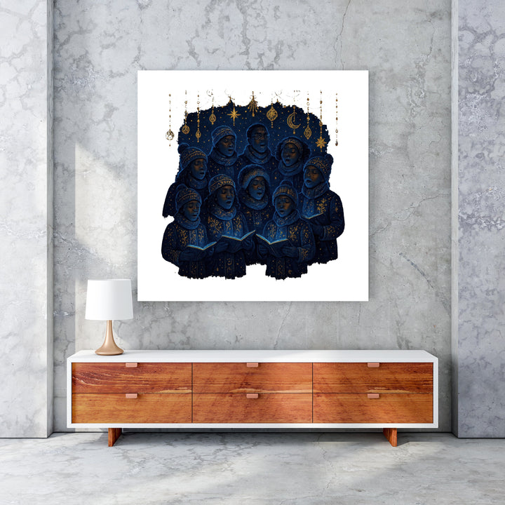 Wadi Home Celestial Choir wall art featuring a group of figures in deep blue with gold accents singing from open books under a starry sky.