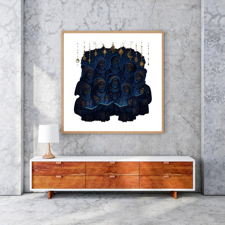 Wadi Home Celestial Choir wall art featuring a group of figures in deep blue with gold accents singing from books, set against a starry night sky.