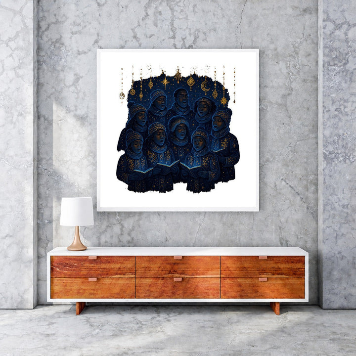 Wadi Home Celestial Choir wall art, deep blue figures in gold-accented robes singing from books, starry night motif.