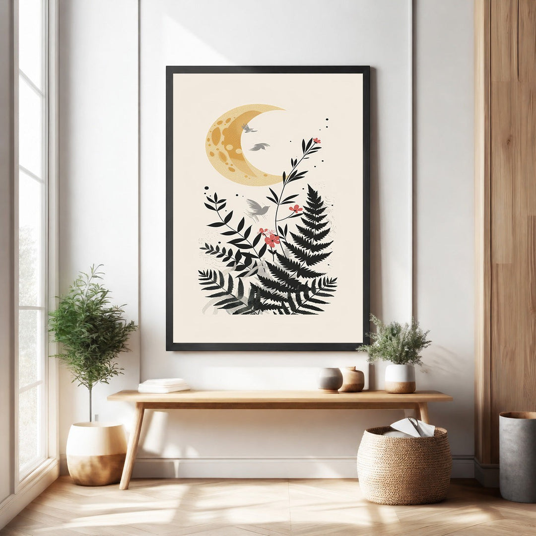 Wadi Home Celestial Fern Garden wall art featuring a yellow crescent moon, black ferns, and pink flowers with birds.