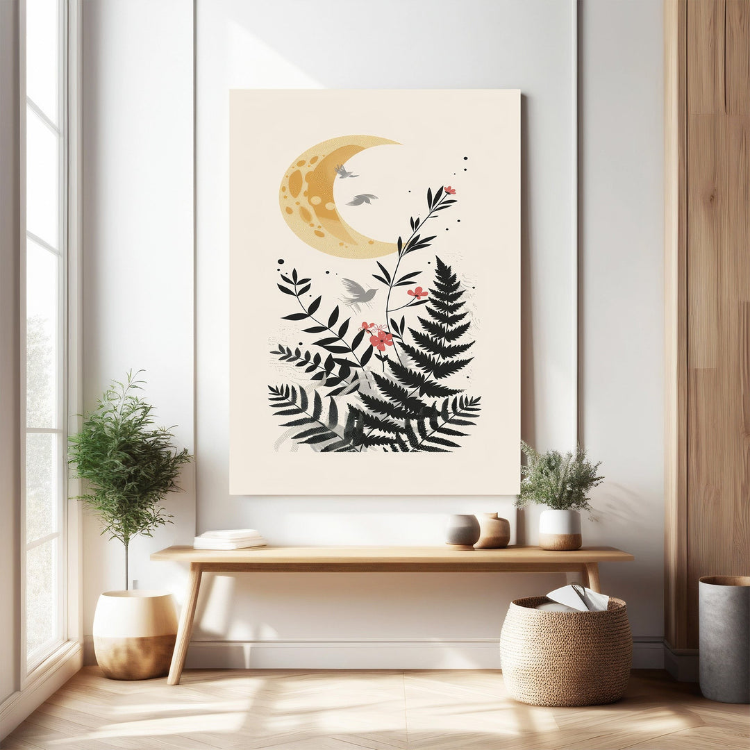 Wadi Home Celestial Fern Garden wall art featuring a yellow crescent moon, dark green ferns, and pink flowers with birds flying. Botanical illustration style.