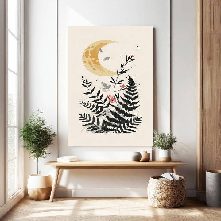 Wadi Home Celestial Fern Garden wall art featuring a yellow crescent moon, dark green ferns, and pink flowers with birds flying. Botanical illustration style.