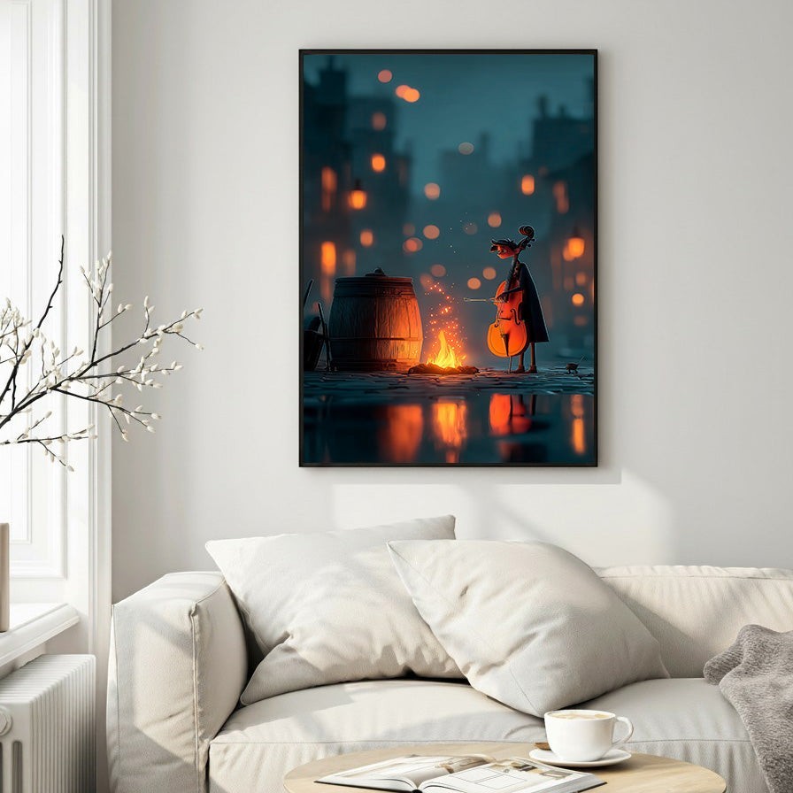 Wadi Home Cellist By The Fire In The City artwork, a lone cellist plays by a fire in a bokeh-lit cityscape. Warm tones contrast with cool blues.
