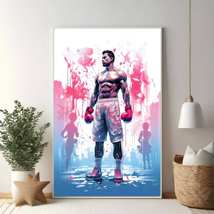 Wadi Home The Champion Boxer artwork, a muscular boxer in pink gloves and shorts, with abstract pink and blue splashes.