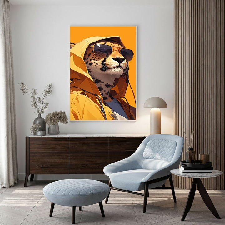 Wadi Home canvas print of a cheetah wearing a yellow hoodie and sunglasses against an orange background.