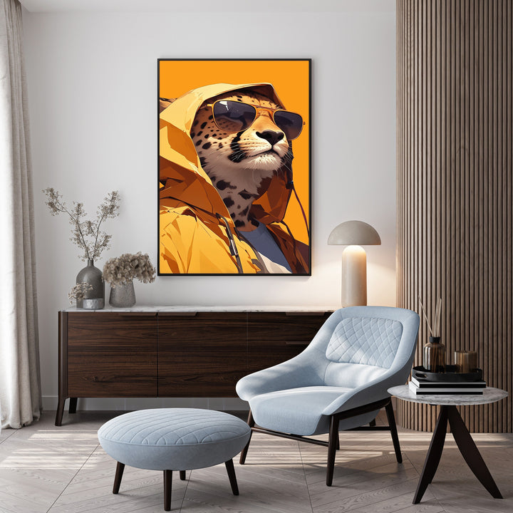 Wadi Home cheetah in yellow hoodie and sunglasses canvas print with orange background.