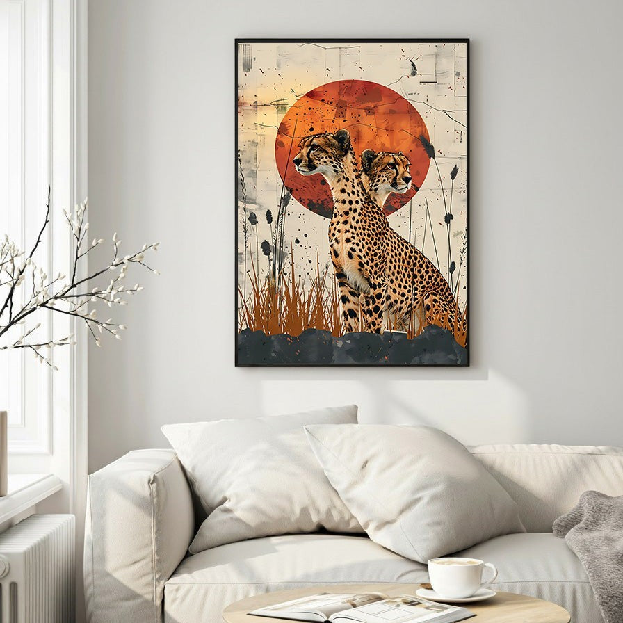 Wadi Home framed wall art print of two cheetahs silhouetted against a textured orange sunset on the savannah.
