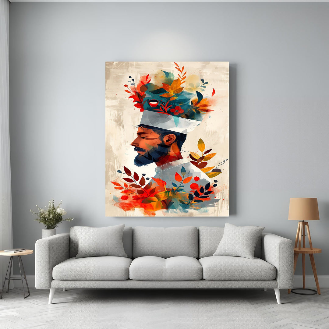 Wadi Home chef wall art with floral headpiece, abstract colorful florals, warm palette, modern elegance for kitchen or dining.