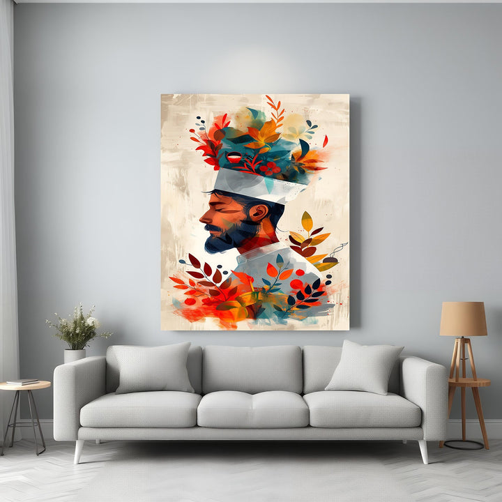 Wadi Home chef wall art with floral headpiece, abstract colorful florals, warm palette, modern elegance for kitchen or dining.