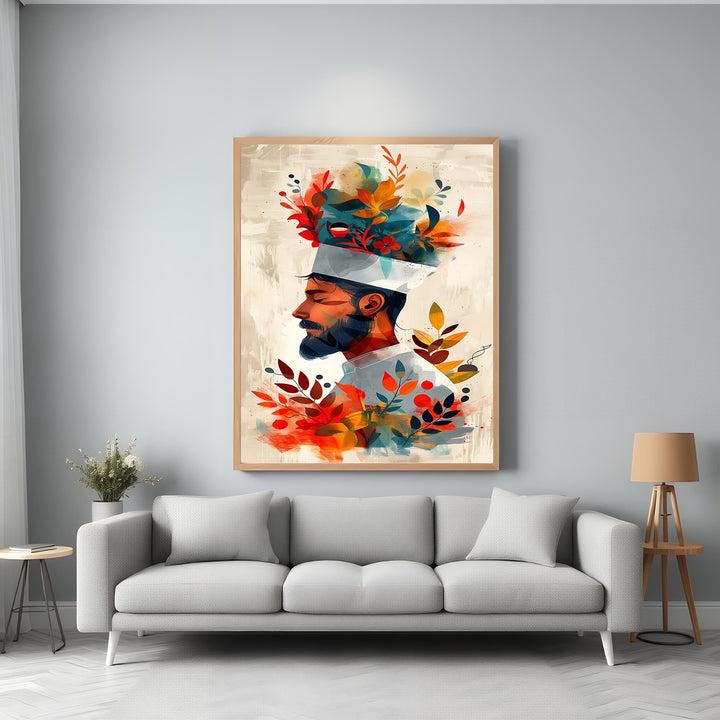 Wadi Home chef wall art with floral headpiece, vibrant abstract colors, warm palette, modern elegance for kitchen or dining.